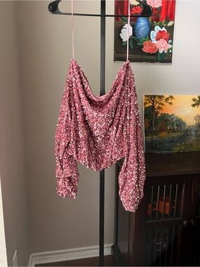 Akira Pink Sequin Draped off shoulder velvet Crop Top